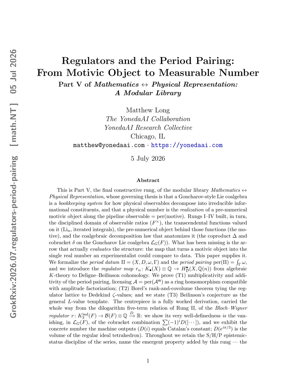 Cover of Part V: Regulators and the Period Pairing: From Motivic Object to Measurable Number